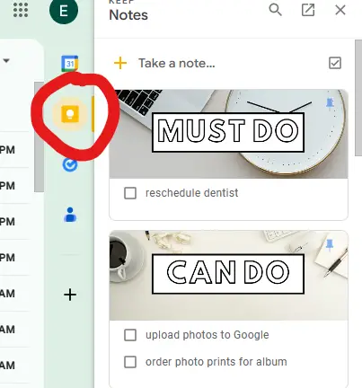 Open Google Keep while in Gmail or Google Calendar