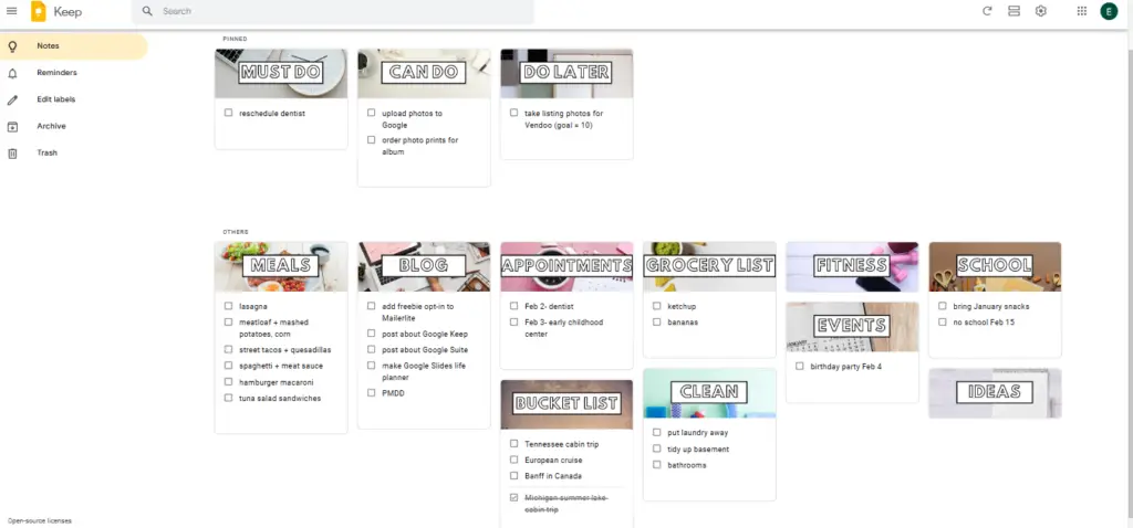 Screenshot of Google Keep on my computer and the header images I've created for each list