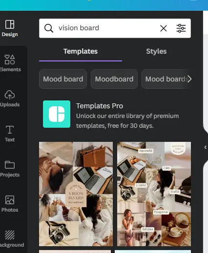 Vision board templates in Canva to make a mom vision board