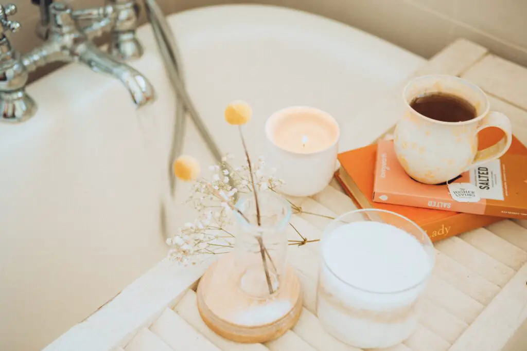 practical gifts for busy moms including bubble bath, books, tea, and a candle