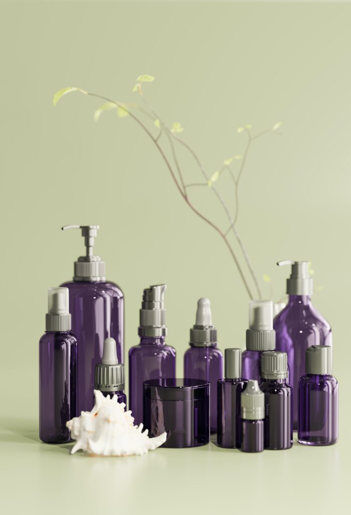 Purple bottles for hair styling products. 