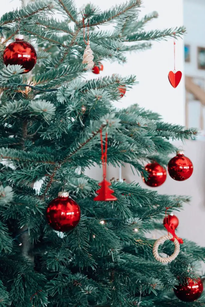 christmas tree with red plastic ornaments